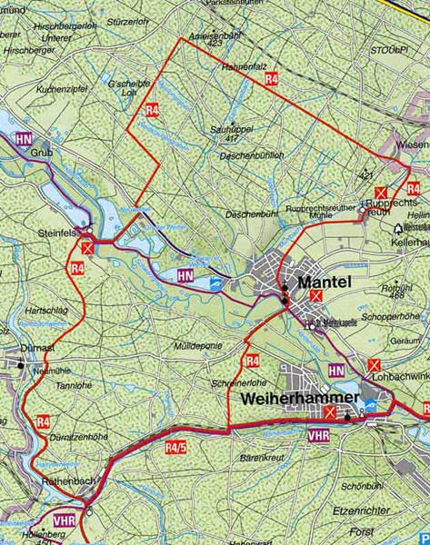 Kartenbild des Radwanderwegs R4 rund um Mantel