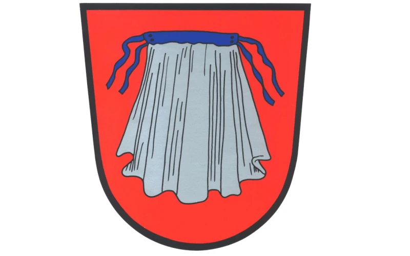 Manteler Wappen, roter Hintergrund, grauer mantel mit blauen Schleifen